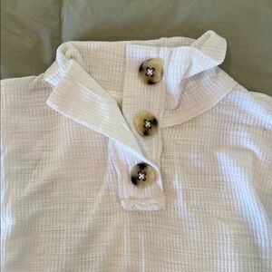 Free People White Waffle Knit Long Sleeve Top with Tort Button Placket